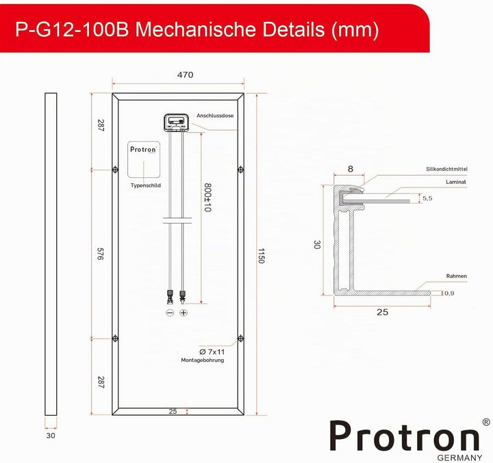 Protron 100W Slim Solar Monokristalline Solarmodul Photovoltaik Solarpanel 12V oder 24V Systeme - P-