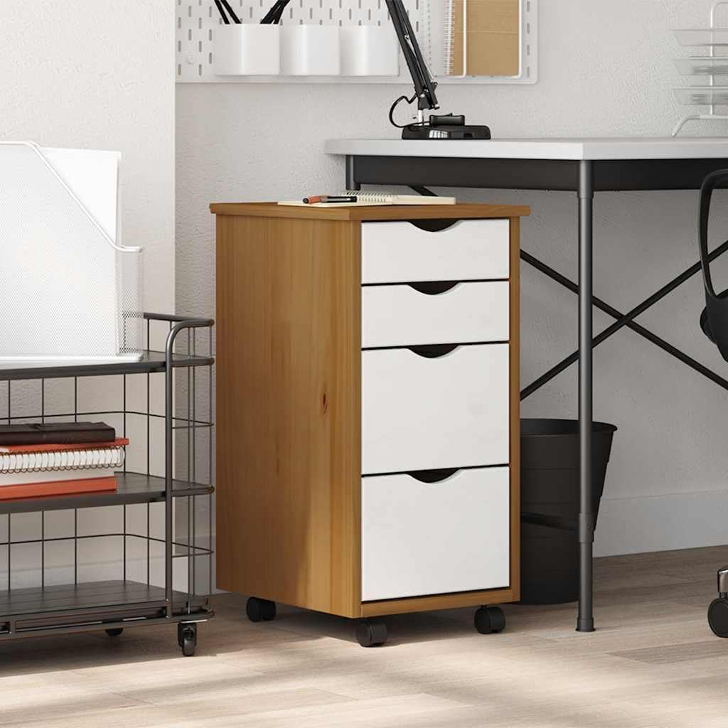 vidaXL Rollschrank mit Schubladen Moss Honigbraun Massivholz Kiefer Honigbraun und Weiss, Honigbraun
