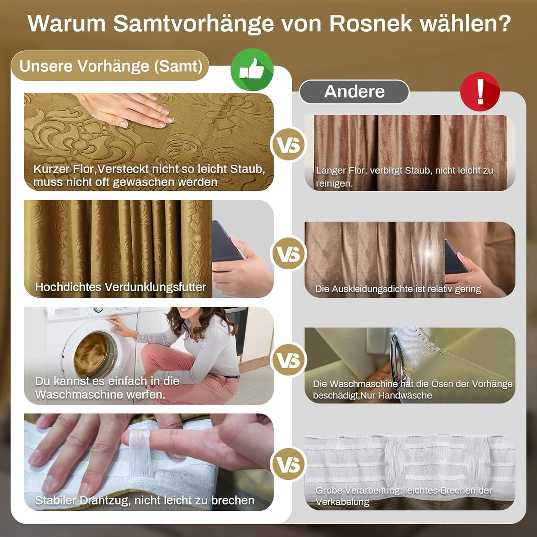Rosnek 2 Stück Samt Vorhang Blickdicht Kräuselband,H225xB132CM Luxus Vorhänge Schlafzimmer Thermovor