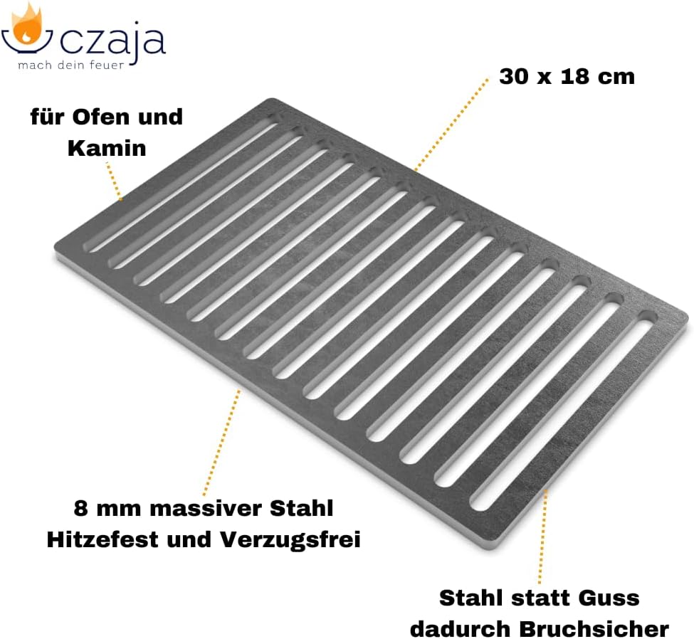 Czaja Ofenrost 30 cm x 18 cm aus massivem Stahl - langlebiger als Gussroste und Bruchsicher - für Öf