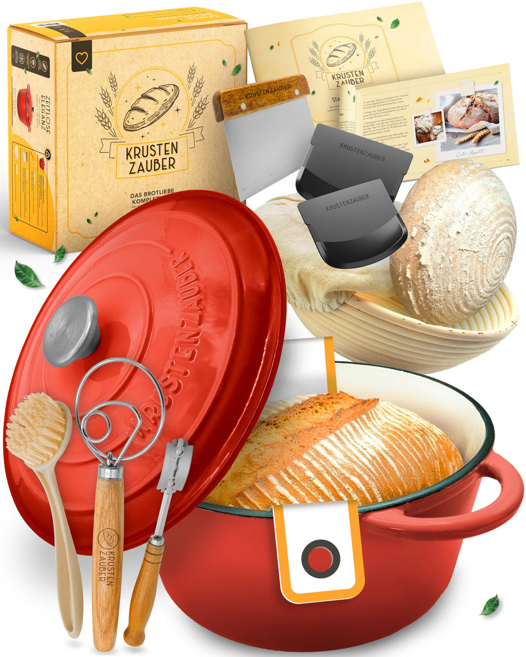 KRUSTENZAUBER Gusseisen Topf Brot Backen emailliert im XXL Set - Brotbackform mit Deckel inkl Gärkor