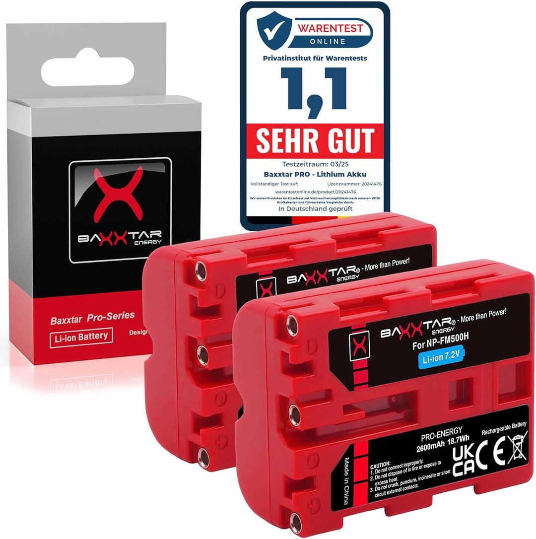 2X Baxxtar PRO - Ersatz für Akku Sony NP-FM500H (echte 2040mAh UL-Zertifikat) mit Infochip - kompati