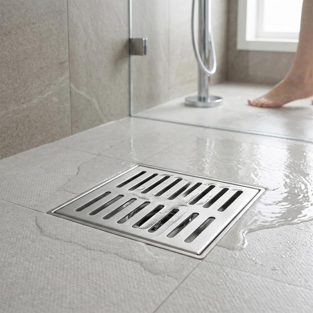 Edelstahl Bodenablauf mit Rahmen, 150 x 150 x 20mm Abflussgitter Quadratisch Rutschfeste Bodenablauf
