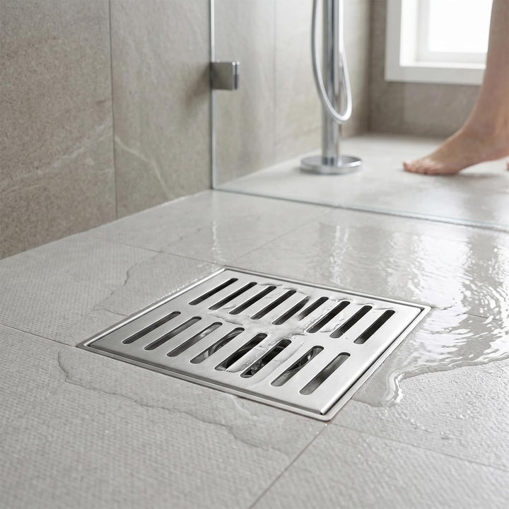 Edelstahl Bodenablauf mit Rahmen, 150 x 150 x 20mm Abflussgitter Quadratisch Rutschfeste Bodenablauf