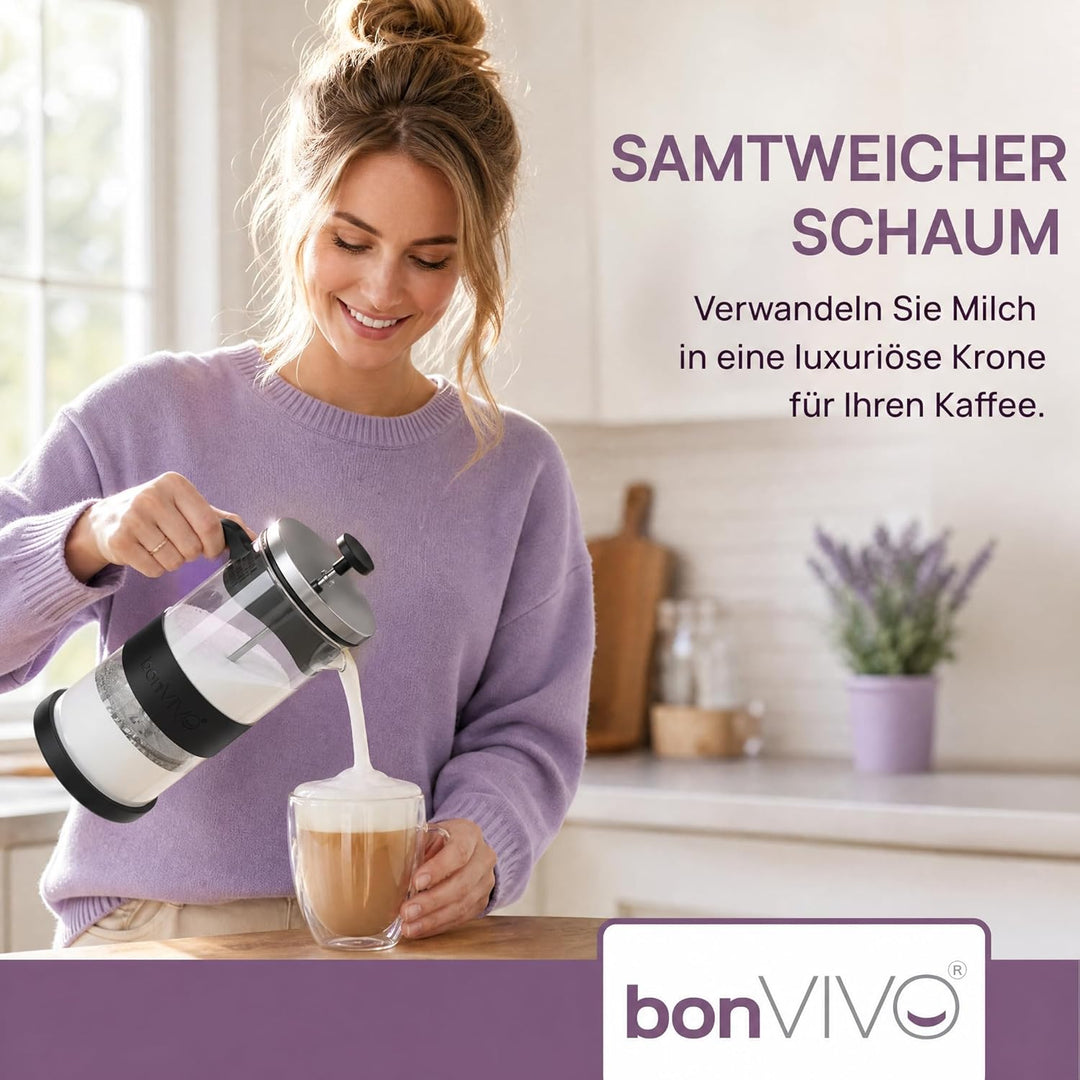bonVIVO FOMO, Milchaufschäumer Manuell Betrieben, Milchaufschäumer Glas Und Edelstahl, Hand Milchsch