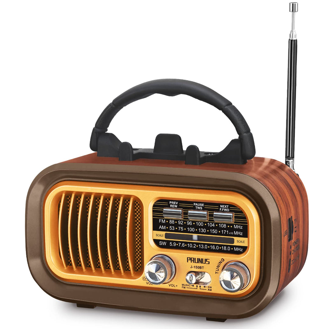 PRUNUS J-150 AM/FM/SW Retro Radio Klein, Kofferradio Betrieben mit 1200mAh Akku oder D-Zellen Batter