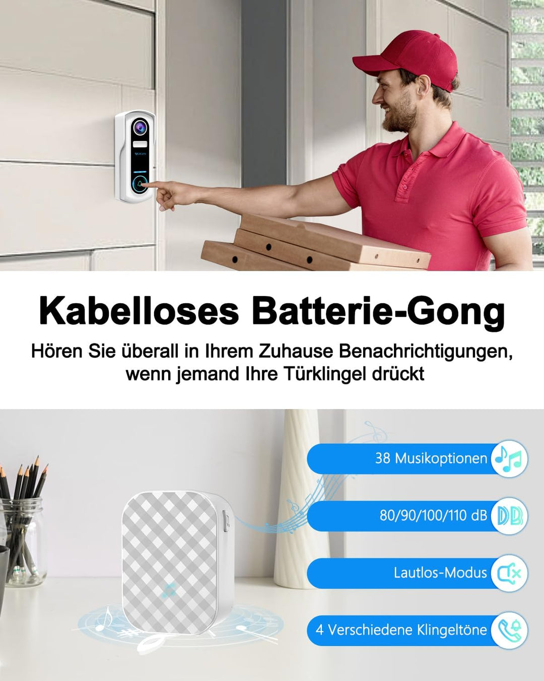 WLAN Video Türklingel mit Kamera, UCOCARE 2K 4MP Video, Nachtsicht, IP67, SD &amp; Cloud Speicher, Video