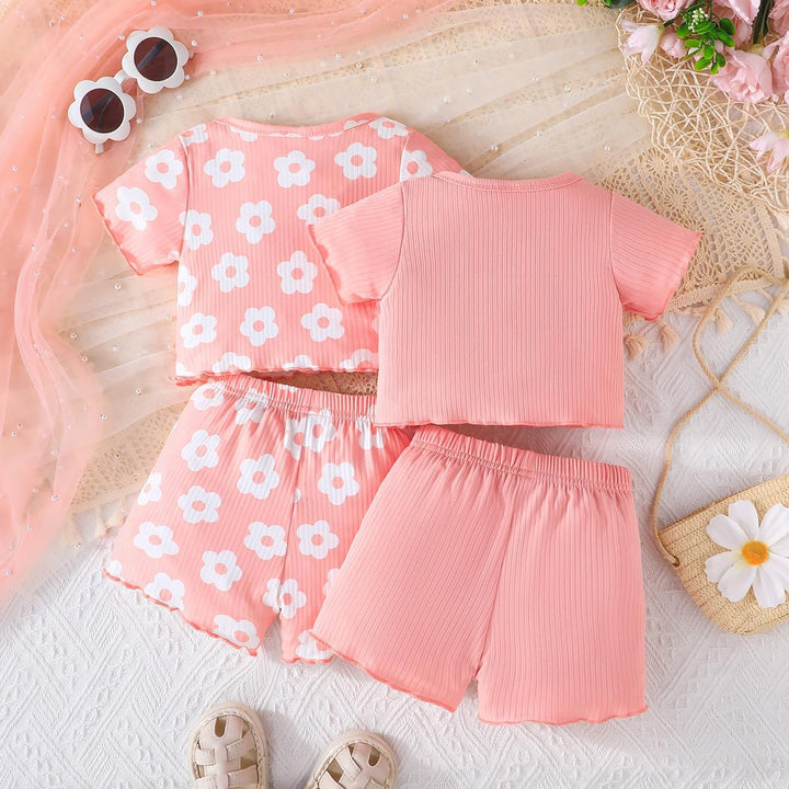 Kleinkind Baby Mädchen kleidung Set Rüschen Gerippte Kurzarm/Langarm T-Shirt Tops + Shorts Hosen 4Pc