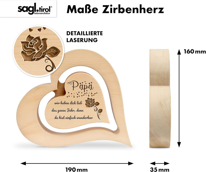 sagl.tirol Herz aus Zirbenholz mit schwebendem innen Herz und Rosen Gravur[100% Naturprodukt] Vatert
