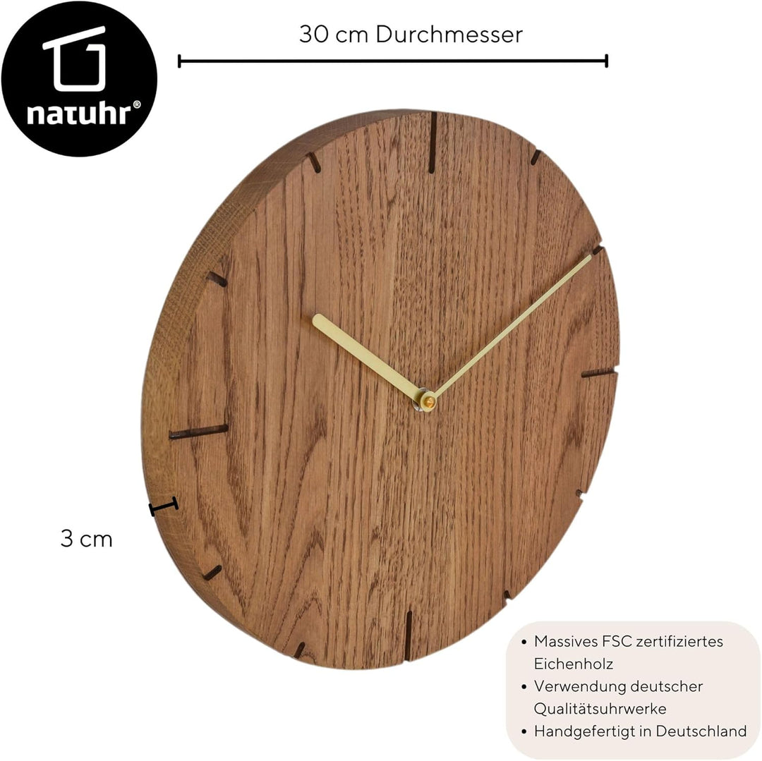 Natuhr Wanduhr Eiche rustikal Räuchereiche Holz Solide Massivholz, geräuscharmes U.T.S. Uhrwerk, pur