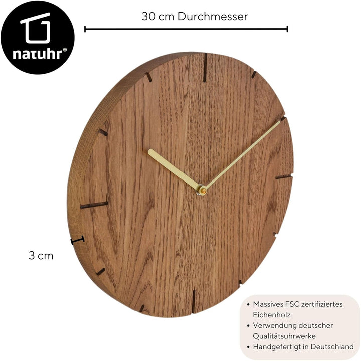 Natuhr Wanduhr Eiche rustikal Räuchereiche Holz Solide Massivholz, geräuscharmes U.T.S. Uhrwerk, pur