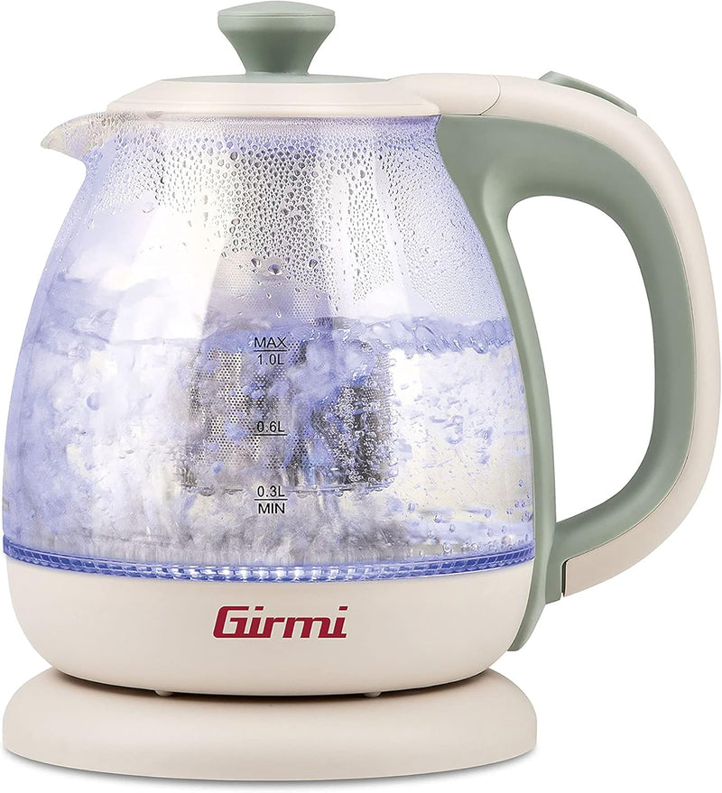 Girmi Wasserkocher + Teekanne BL41 aus Glas, 1100 W, schnurlos, 1 Liter, Wassergrün, BL4105, Teal Kr