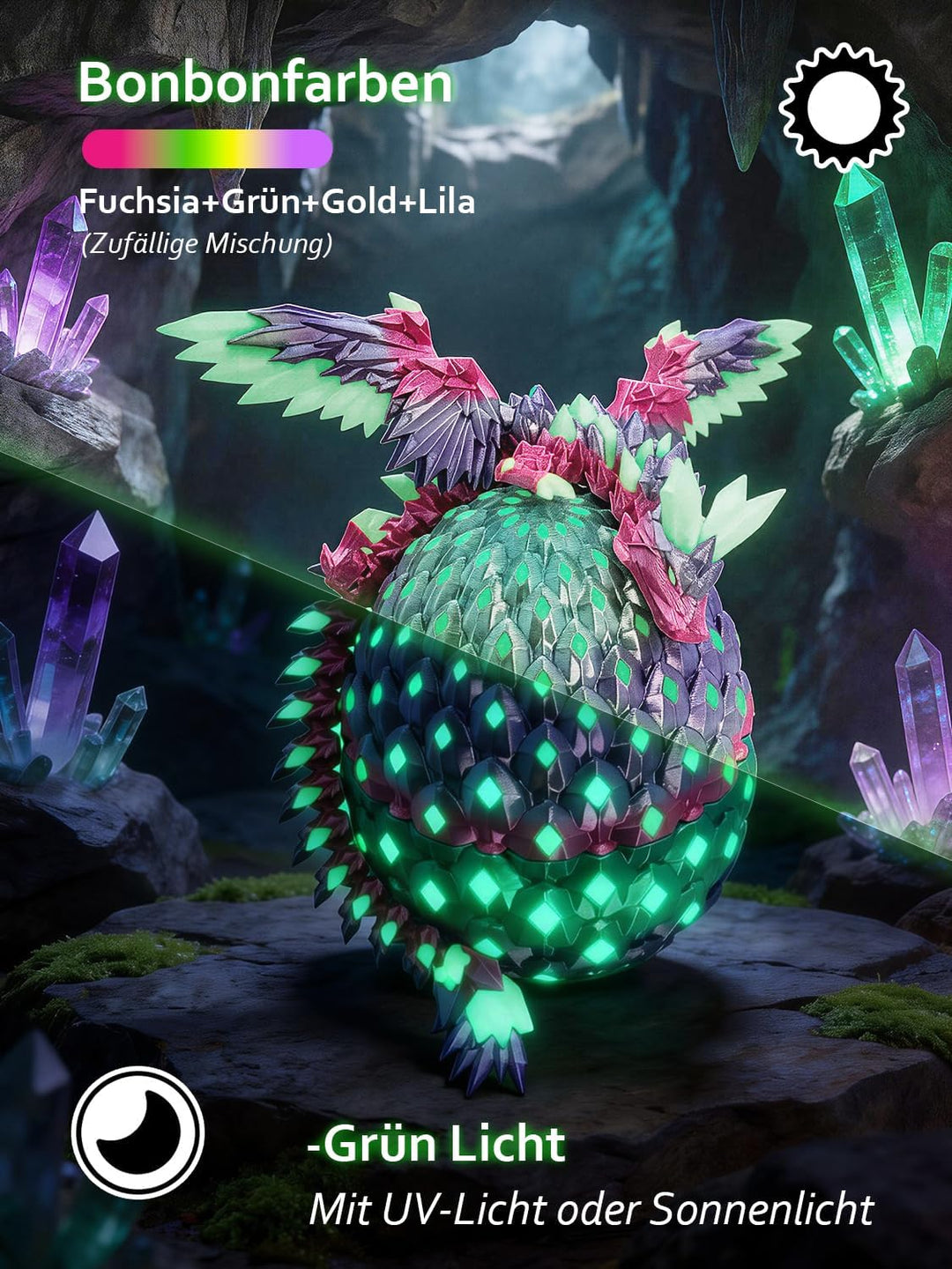 3D Drachenei mit Drache & Nachtleuchten Effekt - 3D Drache mit Flügeln, UV-aktiviertes Leuchten im D
