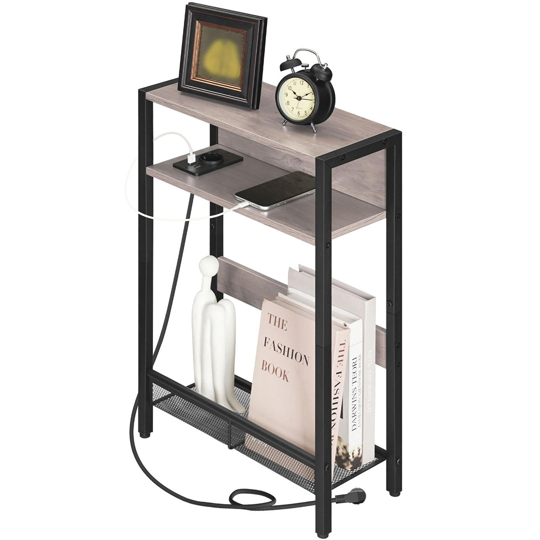 Beistelltisch Schmal, Couchtisch mit Ladestation, 3-stufiger Nachttisch, Sofatisch mit 2 Holzwerksto