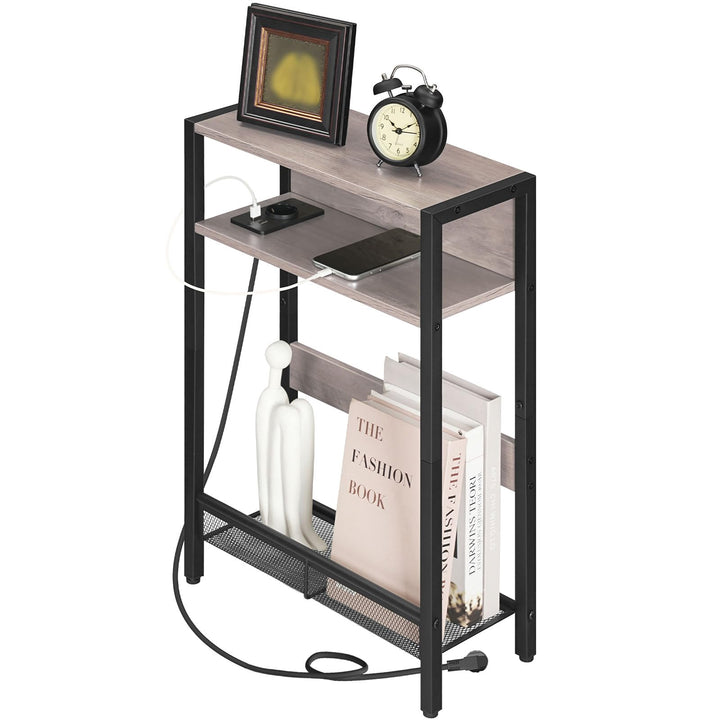 Beistelltisch Schmal, Couchtisch mit Ladestation, 3-stufiger Nachttisch, Sofatisch mit 2 Holzwerksto