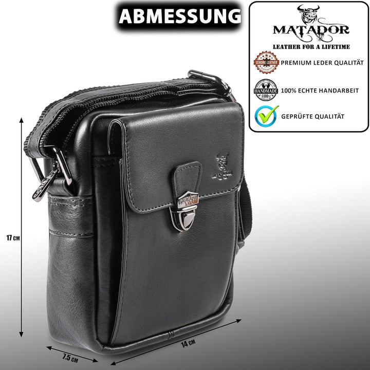 MATADOR kleine kompakte Leder Umhängetasche Herren Ledertasche Schultertasche Schwarz Nappa, Schwarz