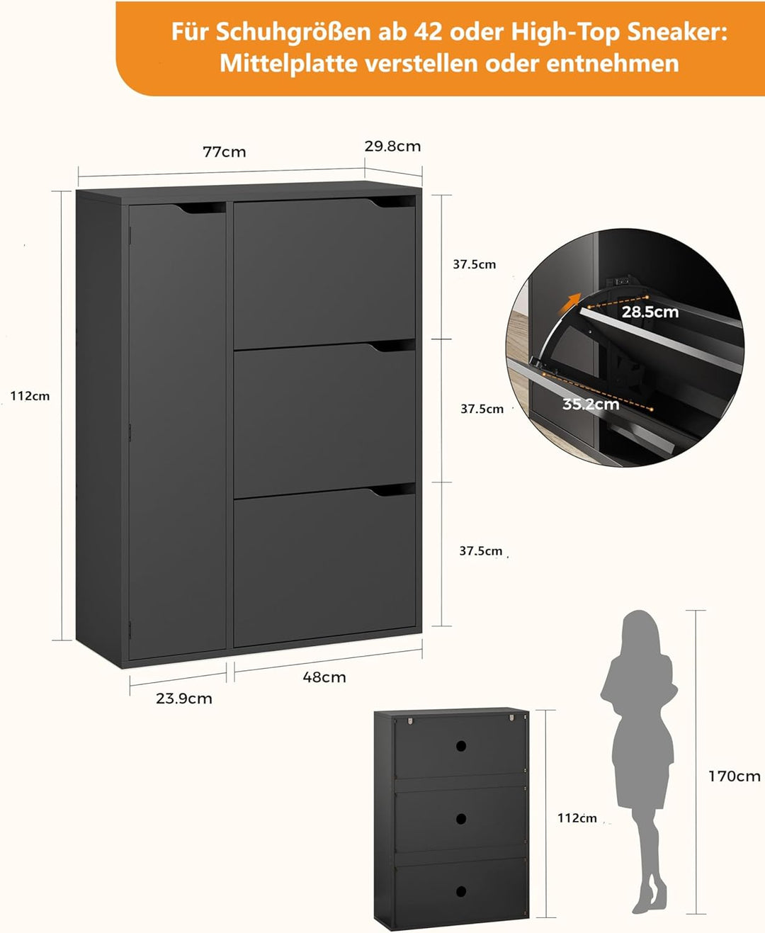 IRONCK Schuhschrank mit 3 Klappen, Schuhkipper Schmal mit Tür, Schuhregal Flur freistehend, Schuhkom