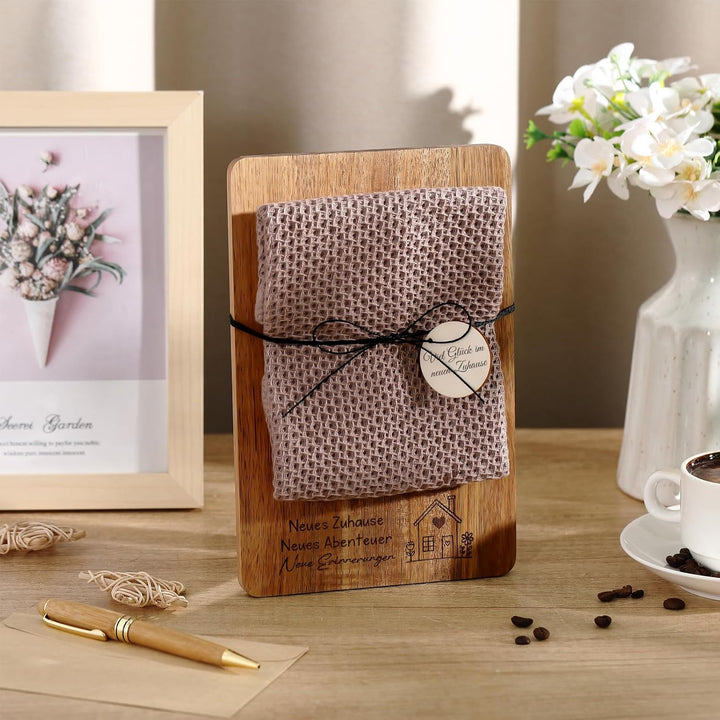 Xuniea Einweihungsgeschenk 23 x 15 cm Holz Frühstücksbrett Baumwolle Küchentuch Neues Zuhause Gesche