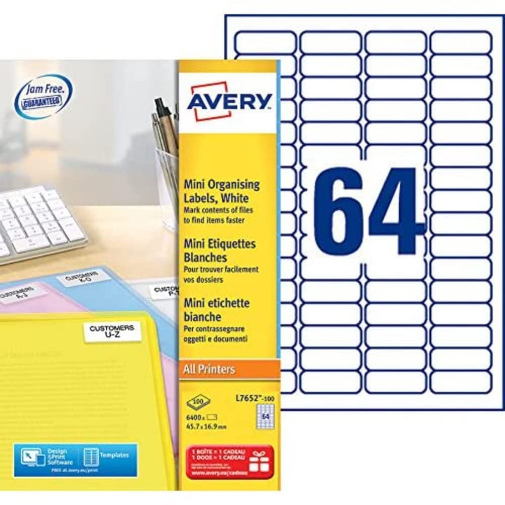 Laseretikett Avery 16,9 x 45,7 mm weiss 100 Blatt 64 Etiketten pro Blatt