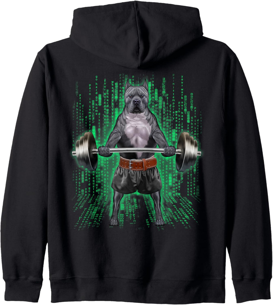 Pitbull-Hund, der Gewichte im Cyber-Fitnessstudio hebt Kapuzenjacke