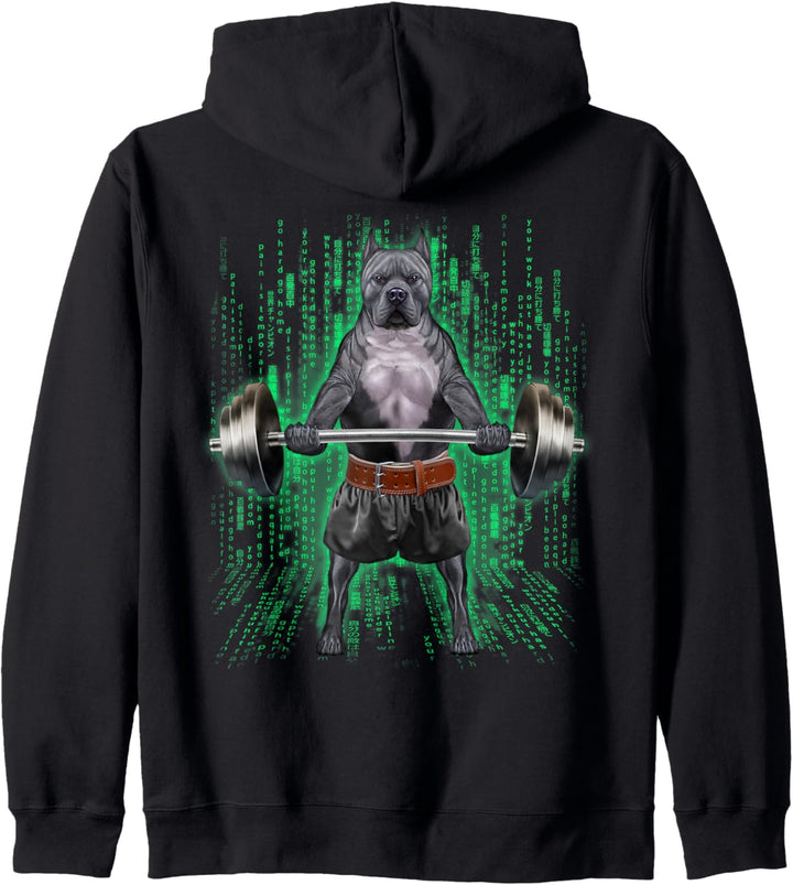 Pitbull-Hund, der Gewichte im Cyber-Fitnessstudio hebt Kapuzenjacke