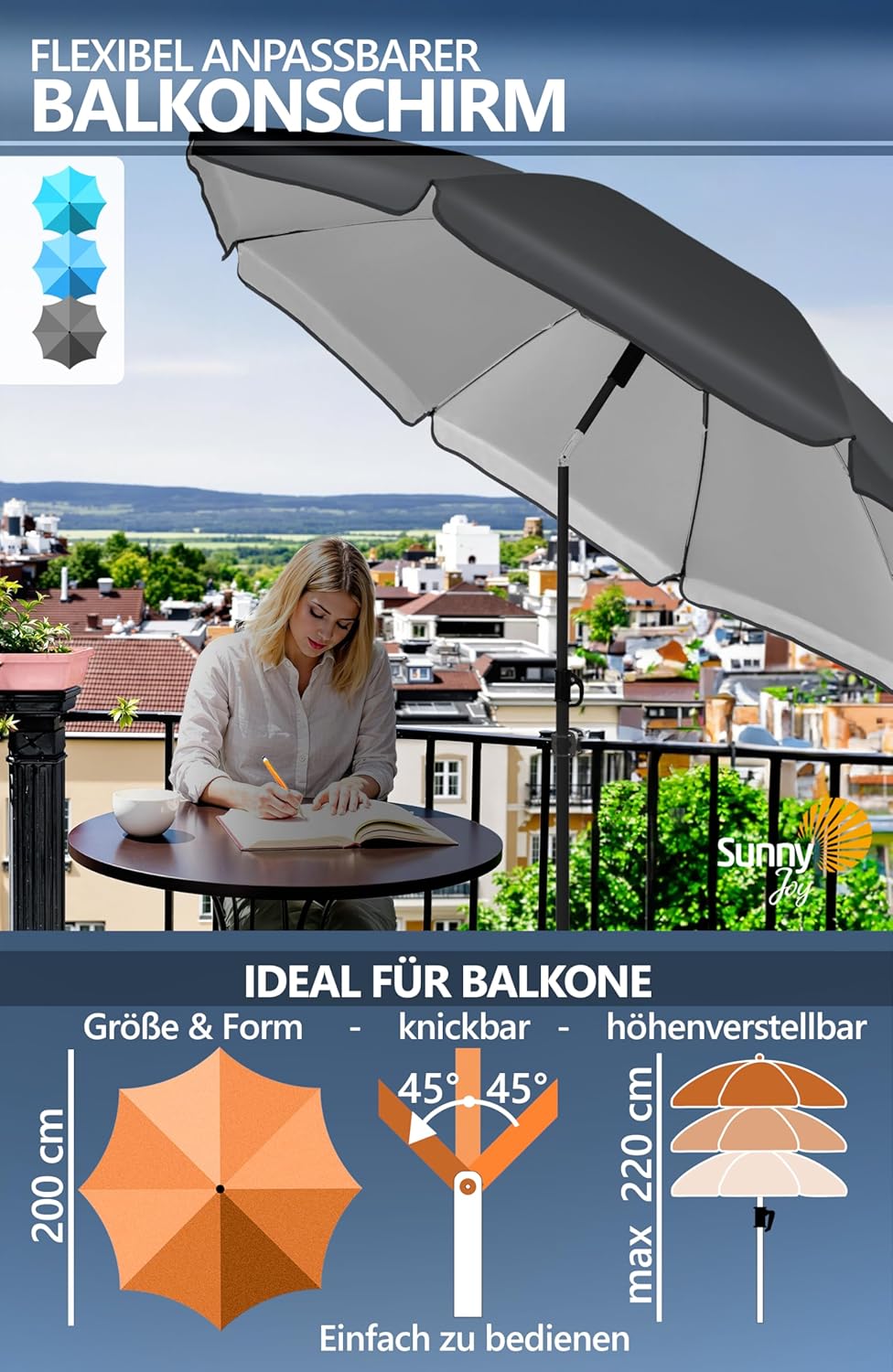 4smile Sonnenschirm Balkon SunnyJoy Ø 200 cm, 3-IN-1 Set - UPF 50+ Balkon Schirm + Sonnenschirmhalte