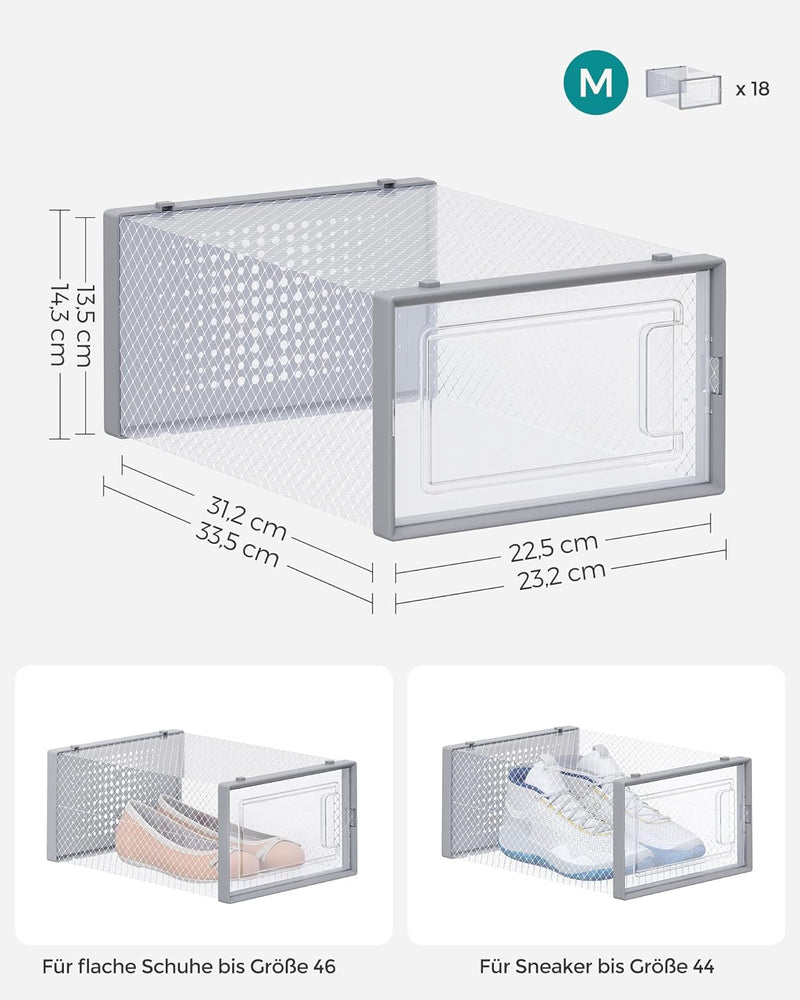 SONGMICS Schuhboxen, 18er Set Schuhkartons durchsichtig, faltbar und stapelbar, bis Grösse 44, trans
