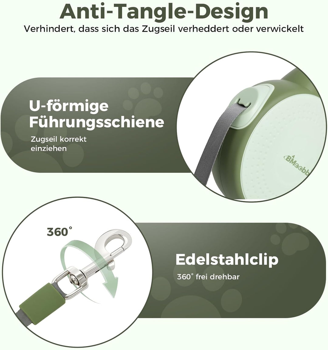 Einziehbare Hundeleine 8m, Rollleine mit bissfesten Stahlseil & Kottaschenhalter, Verhedderungsfreie