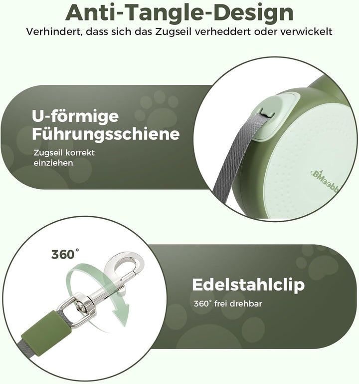 Einziehbare Hundeleine 8m, Rollleine mit bissfesten Stahlseil & Kottaschenhalter, Verhedderungsfreie