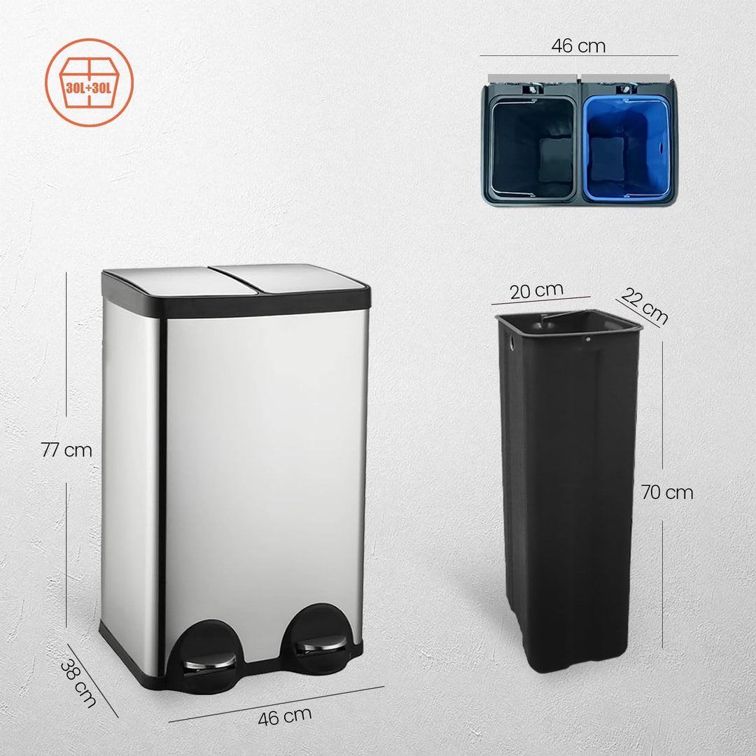 Mülleimer Küche 60l, 2x30L Mülltrennsystem, Tretmülleimer, Silber | Mülleimer 2 Fächer, Edelstahl, H
