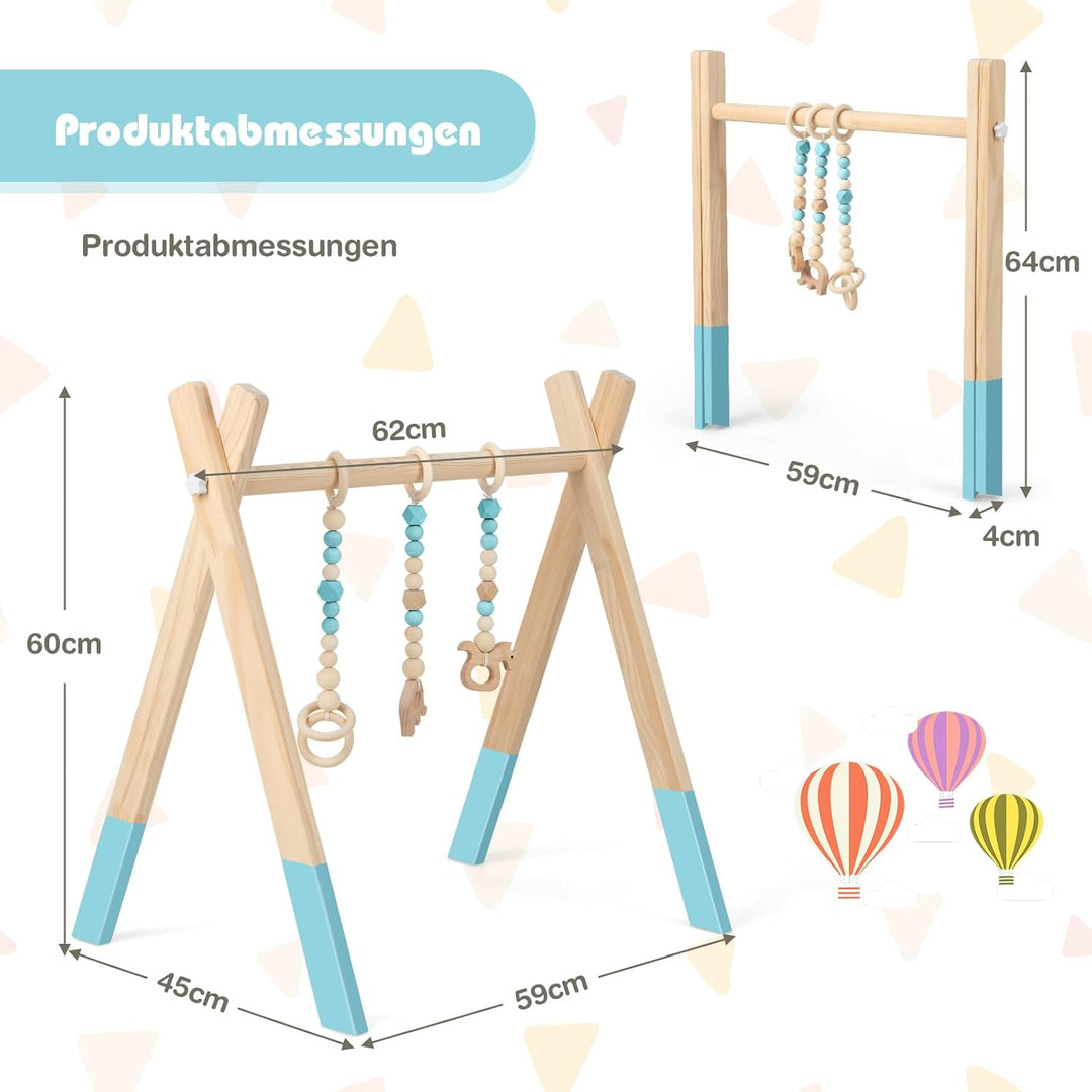 COSTWAY Baby Spielbogen Holz, Spieltrapez klappbar, Baby Gym mit 3 abnehmbaren Kinderspielzeugen, Sp
