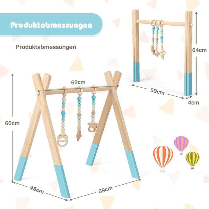 COSTWAY Baby Spielbogen Holz, Spieltrapez klappbar, Baby Gym mit 3 abnehmbaren Kinderspielzeugen, Sp
