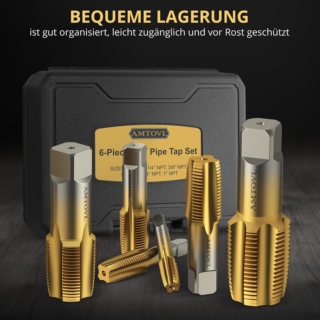 AMTOVL 6tlg. NPT Rohrgewindebohrer Set Gewindebohrer 1/8", 1/4", 3/8", 1/2", 3/4", 1&