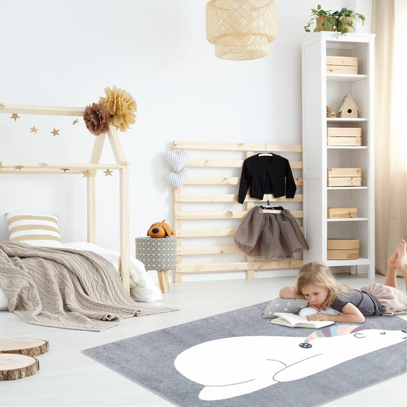payé Teppich Kinderzimmer - Grau - 120x160cm - Pastellfarben Spielteppich Kinderteppich Kurzflor Wei