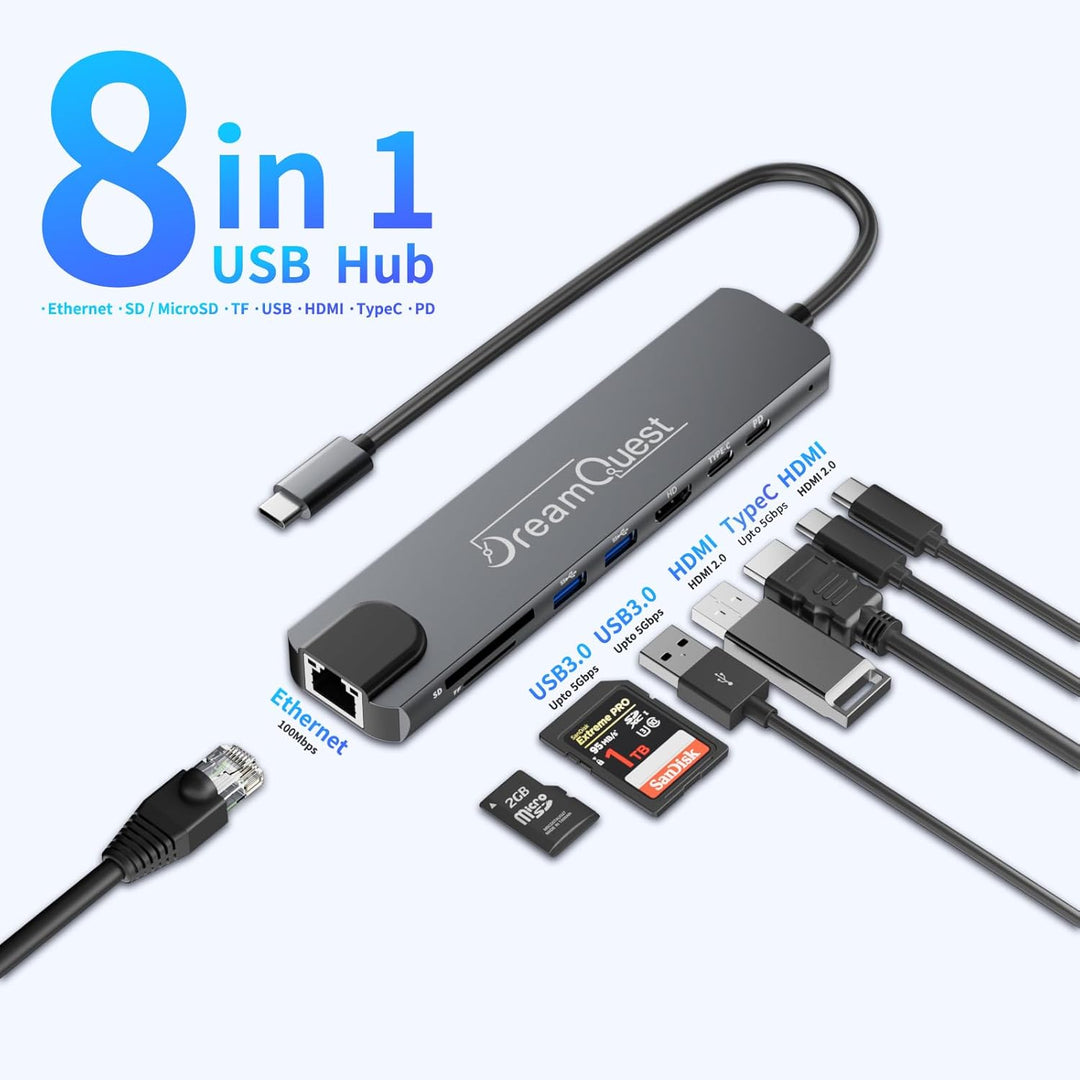 DreamQuest USB-C Hub 8-in-1 mit 100Mbps LAN-Anschluss, 4K HDMI, PD 65W, USB 3.0/2.0, SD/TF Kartenles
