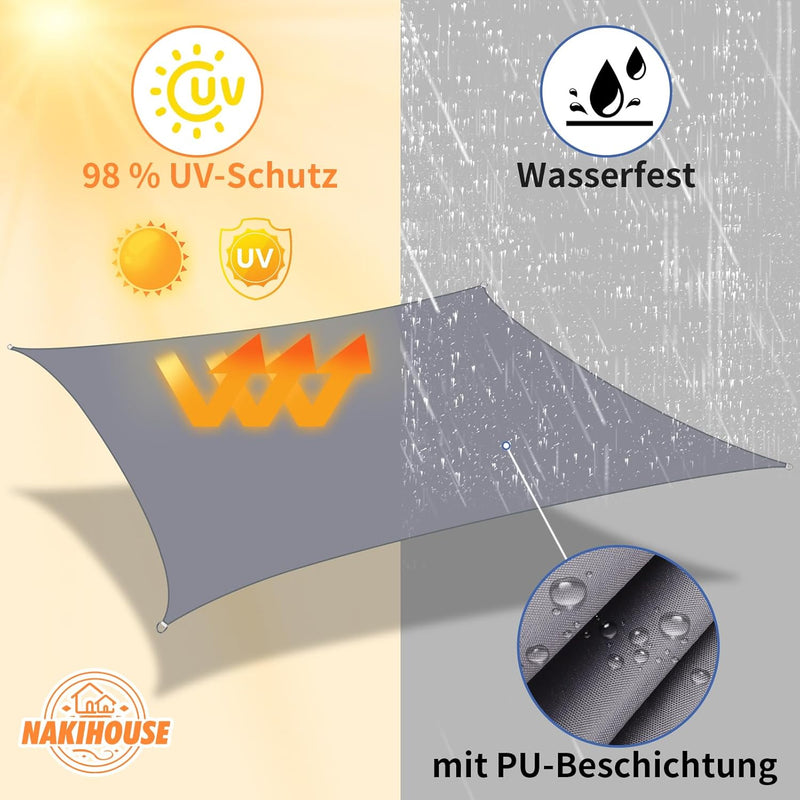 NAKIHOUSE Sonnensegel Wasserdicht mit Befestigungs Kit, 2 x 3 m UV Schutz Sonnenschutz Segel für Gar