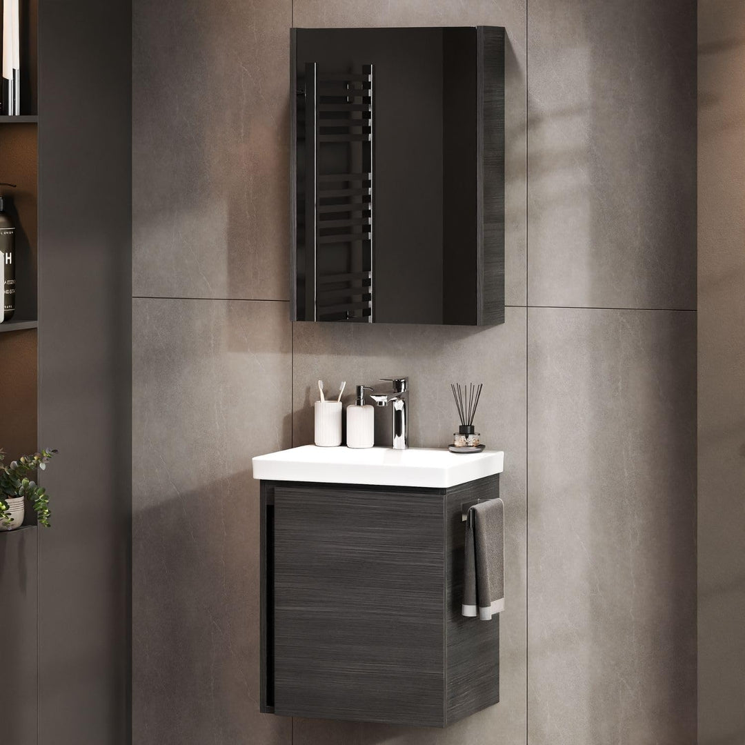 Planetmöbel Waschbeckenunterschrank mit Keramikwaschbecken & Spiegelschrank 50cm in Anthrazit, moder