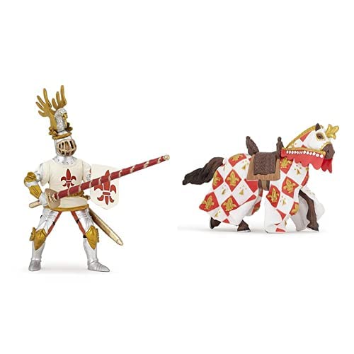 Papo-Lot de 2 Figurines - Collection Médieval - Fantastique - Cheval Blanc Fleur de LYS + Chevalier
