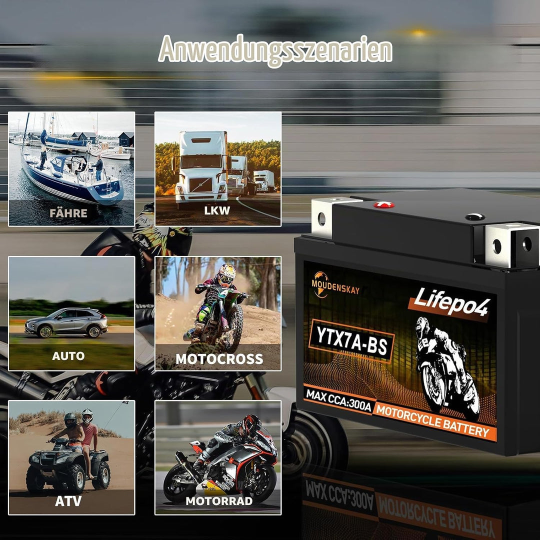 MOUDENSKAY Lithium Motorrad Batterie 12V Lithium Powersports Batterie mit BMS (YTX7A-BS 12.8V 3Ah 30