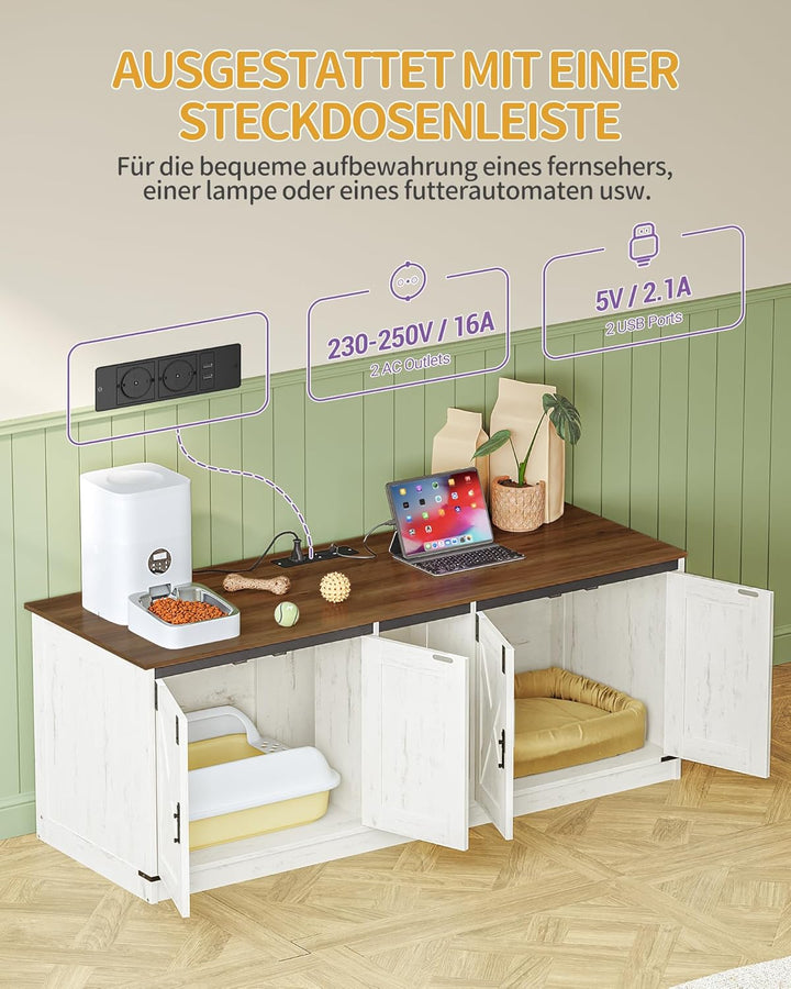Hzuaneri Katzenschrank mit USB-Anschlüssen und Steckdosen, Katzenklo Schrank, 140 cm Verstecktes Kat