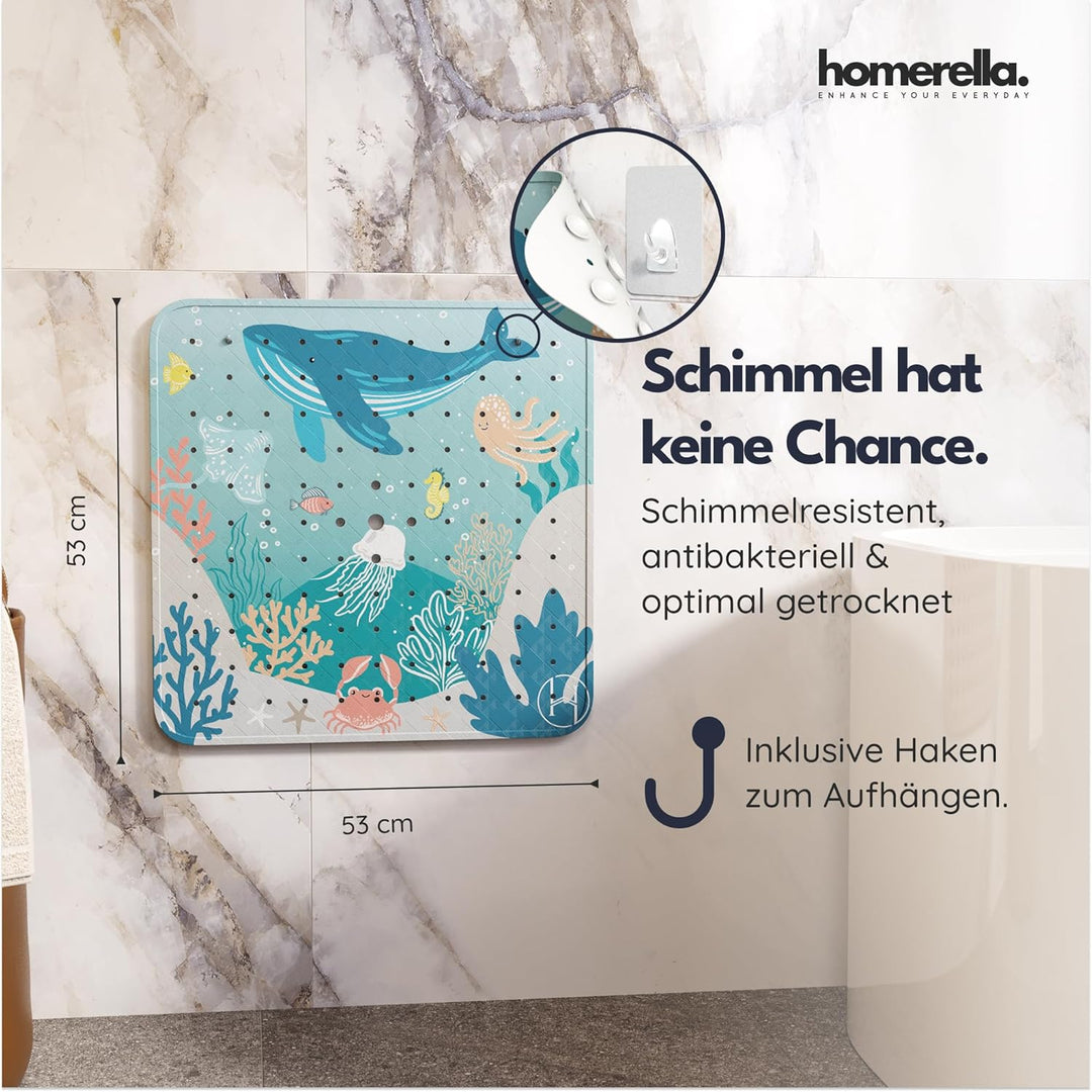 Homerella® Duschmatte rutschfest Kinder - 100% BPA frei Inkl. 2 Haken zum Aufhängen 53x53cm - Antiru