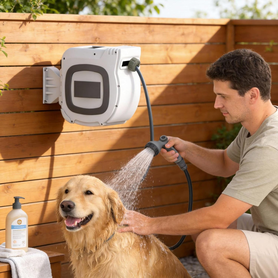 Schlauchtrommel Wasser 30 m, Gartenschlauch Trommel mit 10‑Funktions Sprühdüse, Automatischer Schlau