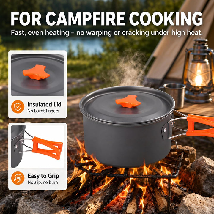 aiGear Camping Kochgeschirr Set/Outdoor Geschirr Set | Camping Topf Kochtopf Tragbar Aluminium | mit