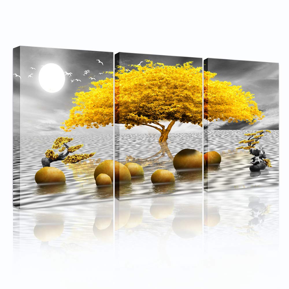 hyidecorart Bilder Baum Gelb, Natur Gold Bäume Leinwand Bilder, 3 Teilig Wandbilder Wohnzimmer, Mode