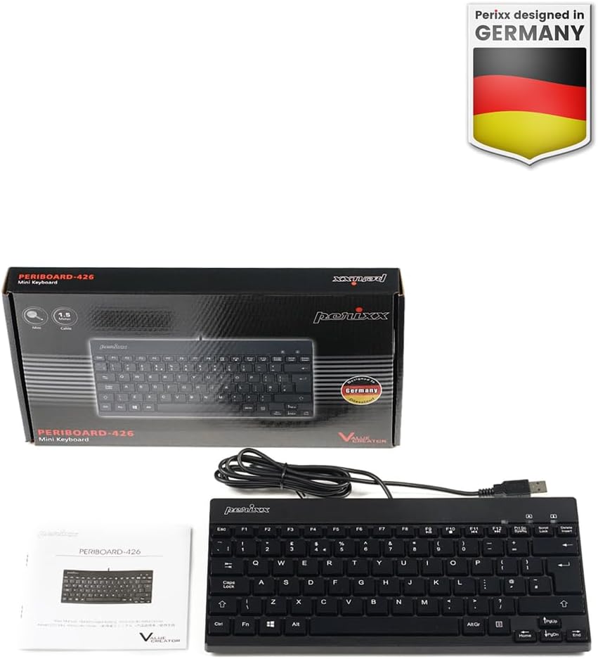 perixx PERIBOARD-426 Mini-Tastatur mit USB-Kabel, Französisch AZERTY, Schwarz, Schwarz