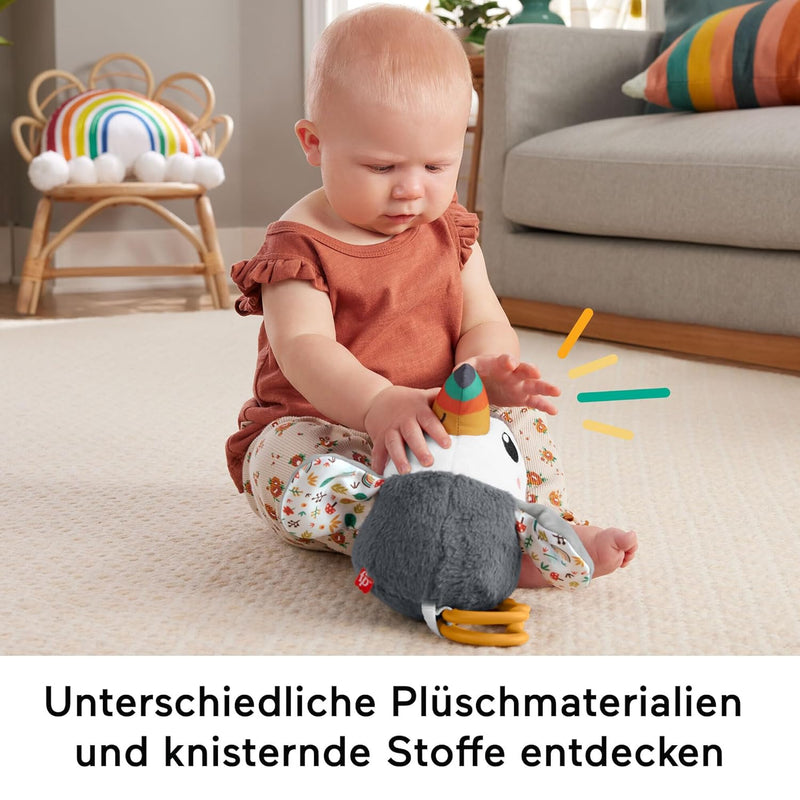 Fisher-Price Flap & Go Tukan - Plüschiges Kinderwagenspielzeug, fördert Feinmotorik und sensorische