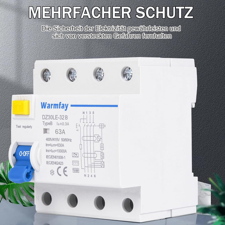 Warmfay FI Schutzschalter 63A 300mA Typ B, 4 Polig RCD Allstromintensiv Schalter Automat Sicherung,