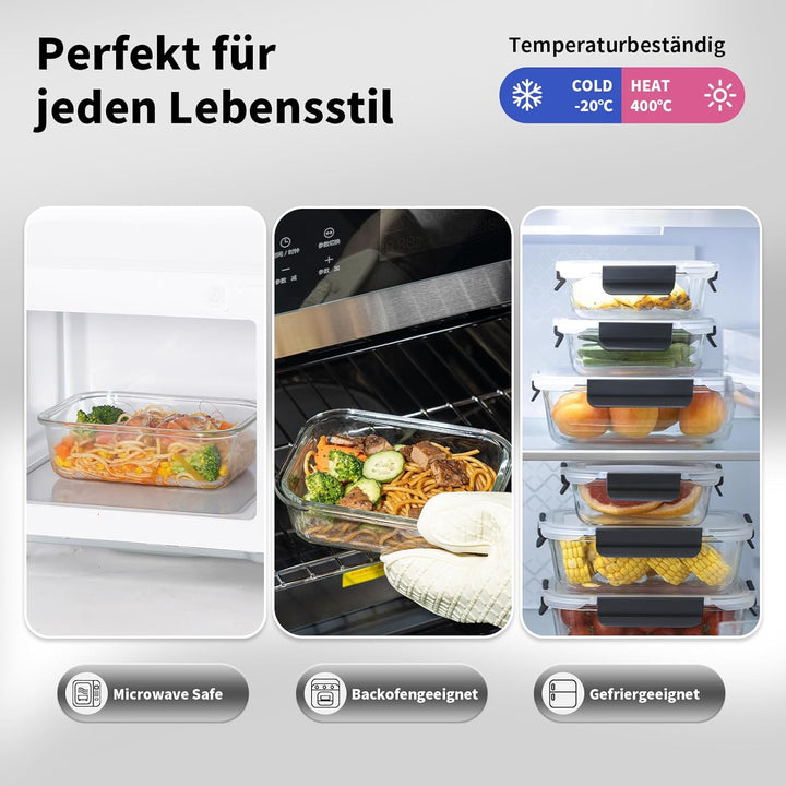 Meal Prep Boxen Glas, Glasdosen mit Deckel Set, Frischhaltedosen Glas mit Auslaufsicherer Verschluss