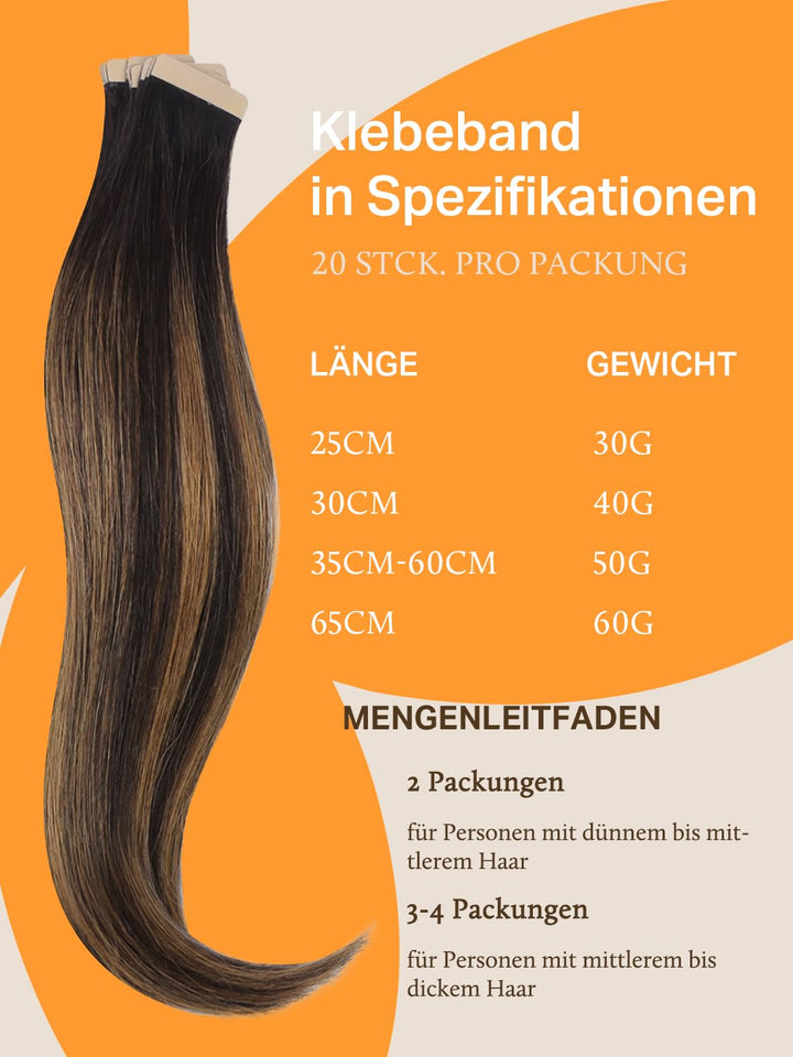 DOORES Haarverlängerungen zum Einkleben, Echthaar, Dunkelbraun bis Kastanienbraun, 30,5 cm, 40 g, 20
