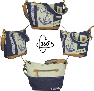 Sunsa Damen Tasche Umhängetasche. kleine Canvas Bag mit Recycelte Jeans und Leder. Vintage Design Ta